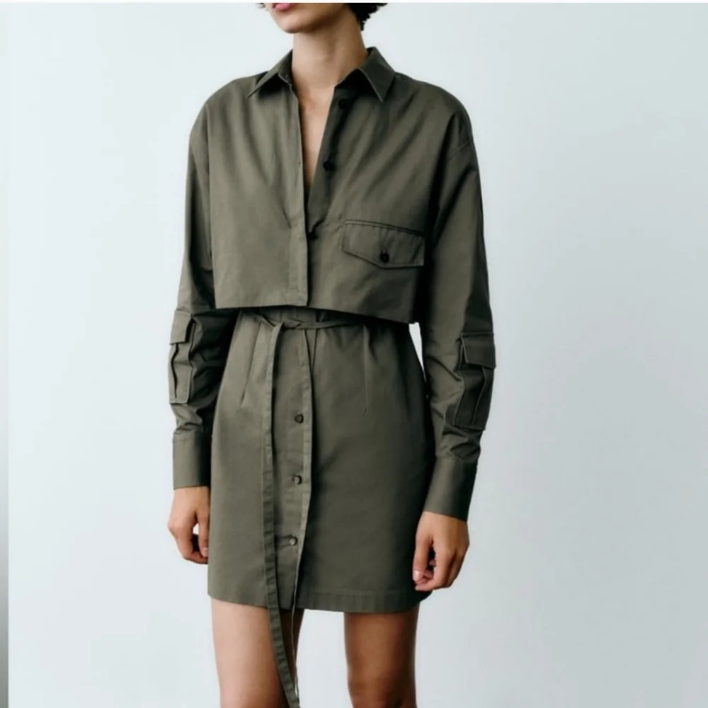 Zara Gabardine Shirt Dress Green Utility Long‎ Sleeves